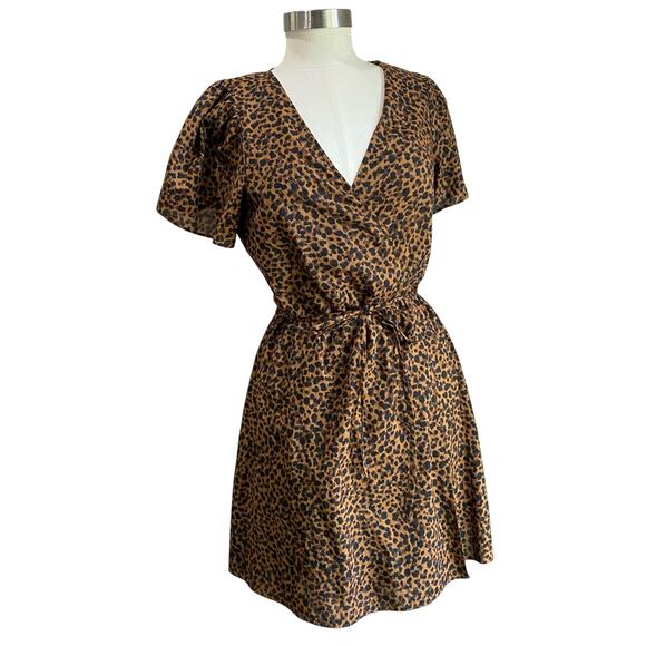 Madewell Flutter-sleeve Wrap Mini Dress In Painted Leopard Print - Picture 1 of 14